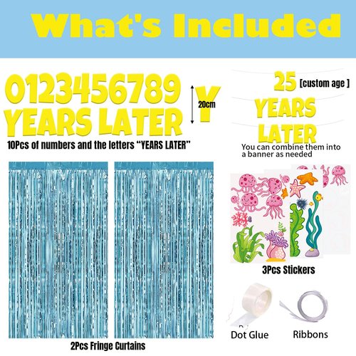 Custom Age Numbers 25 Years Later Birthday Banner Under The Sea Party Decorations – Whats Funnier Than 24 25th 10th Birthday Decorations,Bubble Jellyfish Coral Stickers And Fringe Curtains Backdrop