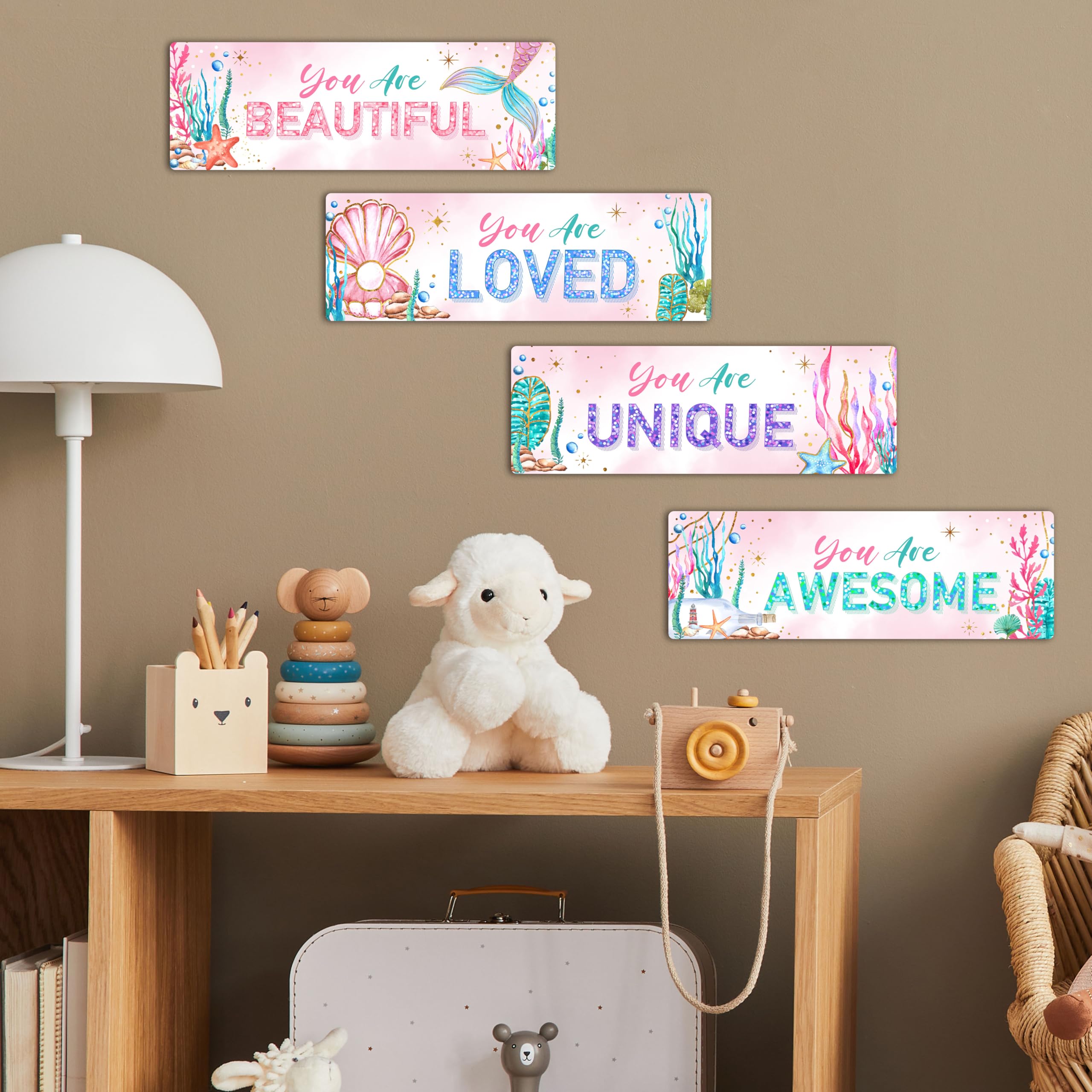 4 Pieces Mermaid Girls Bathroom Room Decor, 11.8" x 3.9" Under the Sea Wall Decor Wood Sign, Motivational Wall Art For Kids Room Nursery Playroom Classroom-A07