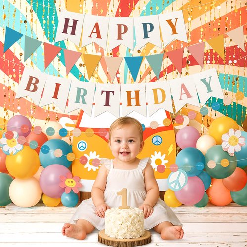 Kriyokiaa Retro Boho Happy Birthday Decorations Set with Groovy Rainbow Balloons, Happy Birthday Banner, Paper Flag, Circle Confetti Garland, Retro Birthday Party Decorations for Indoor Outdoor