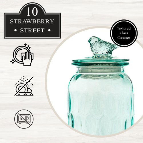 10 Strawberry Street Textured Glass Bird Canister, Dimpled Round, Blue, Set of 2