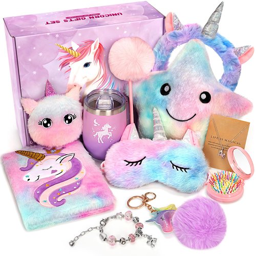 Unicorns Gifts for Girls 5 6 7 8 9 10+ Years Old, Kids Toys Set for Teens Girls Birthday Gifts Christmas, Unicorn Toys with Light Up Soft Plush Star Pillow, Diary Notebook, Headband, Water Bottle