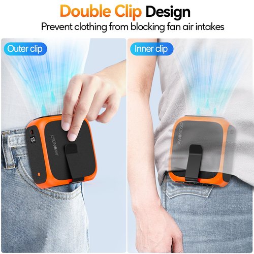 16000RPM Portable Waist Fan Clip on Wearable Belt Personal Fan, 14000mAh Minimum Gear Endurance Up to 24 hours, 3 Speed Neck Desk Fans, Wearable Body Shirt Belt Fans Outdoor, Worksite (Orange)