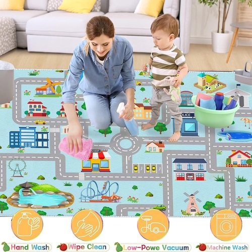 MLLgYq Kids Car Rug, 2' 7" x 4' City Life Traffic Road Playmat for Toy Cars Trains, Non-Slip Race Track Carpet Educational Fun Rugs for Boy and Girl Bedroom Nursery