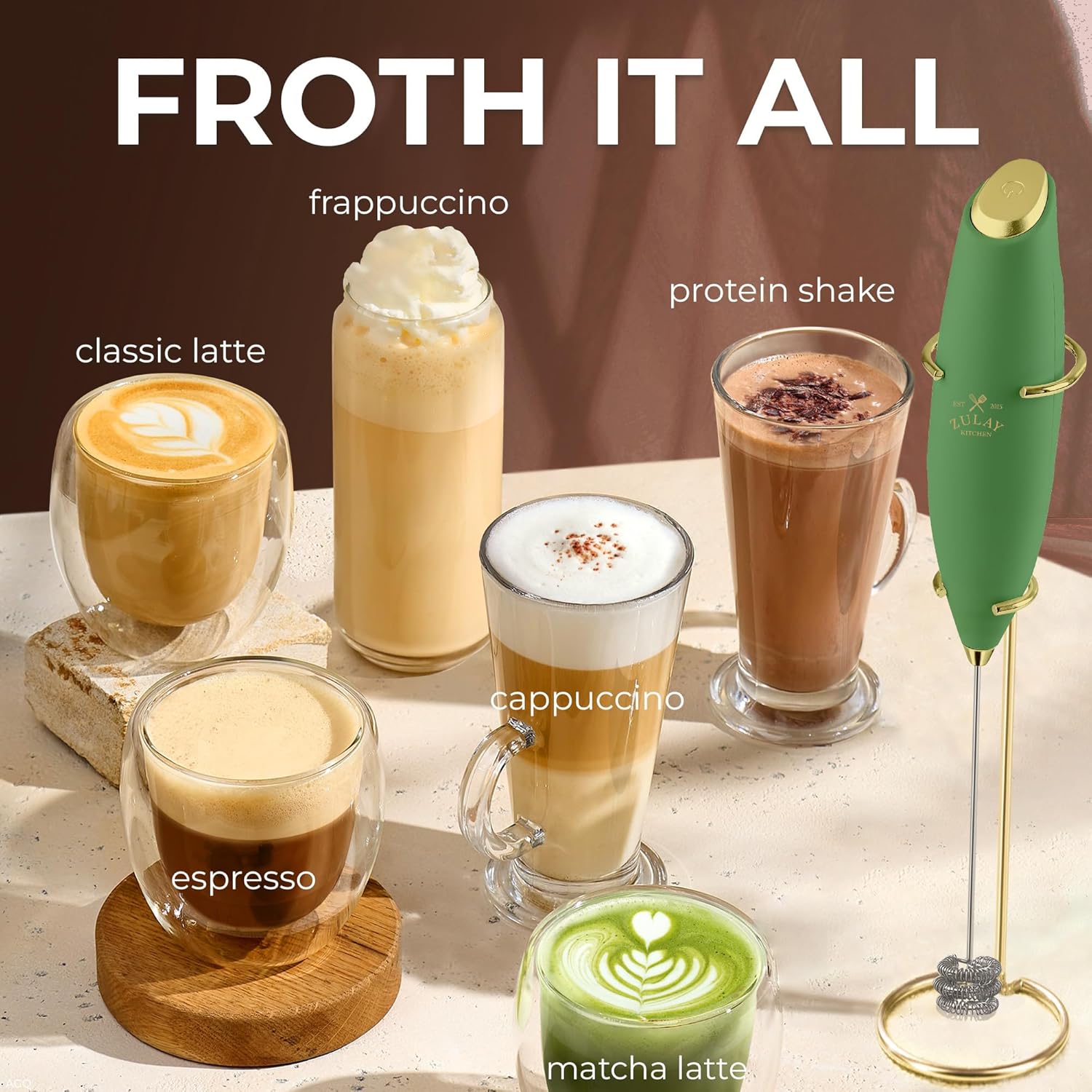 Zulay Kitchen Tornado Triple Whisk Milk Frother - Handheld Foam Maker for Coffee & Lattes - Olive & Gold