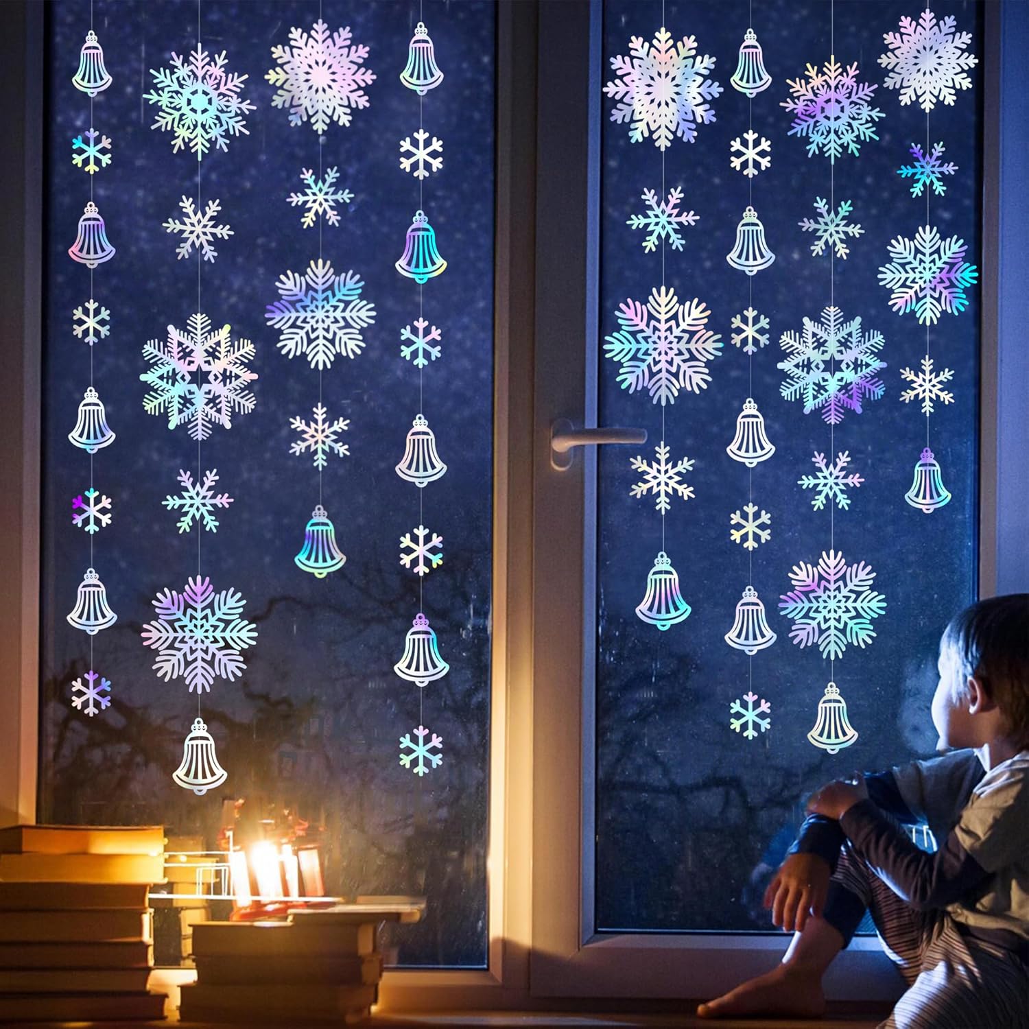 Skiennix 40 Ft Iridescent Snowflakes Party Decorations - Holographic Bell Garland for Winter Wonderland Decor