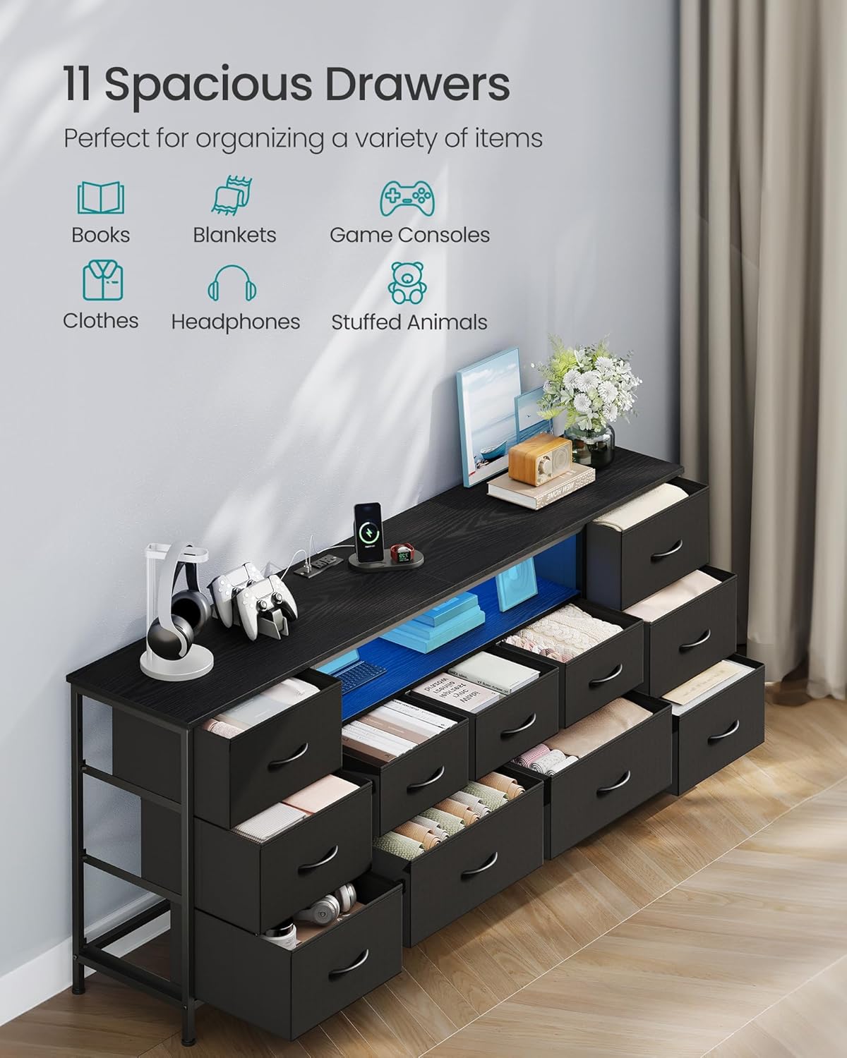 SONGMICS TV Stand - Modern Dresser for TVs Up to 70 Inches | 11 Drawers & Shelf in Ink Black