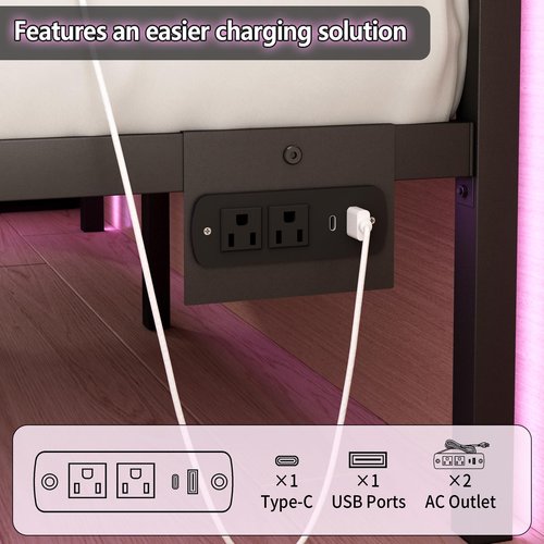 Chuangshuo Guard Full Size Bed Frame with Headboard,Heavy Duty LED Bed Frame with USB Charging Station,Mattress Foundation-Under Bed Storage, No Box Spring Needed, Noise Free，Black