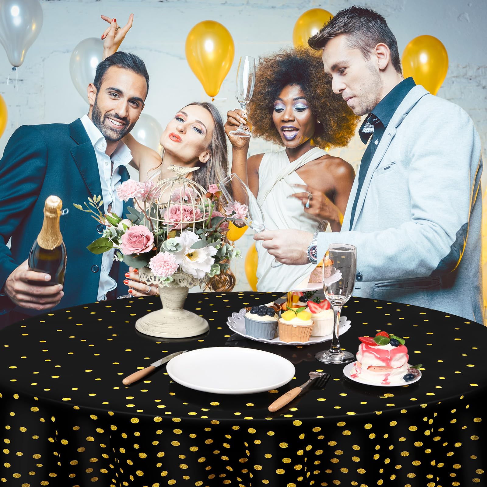 Newwiee 8 Pcs Round Dot Tablecloth 84 Inch Plastic Polka Dot Table Cover Disposable Confetti Tablecloths for Grad Wedding Bridal Shower Birthday Spring Graduate Party Decor (Black,Gold)