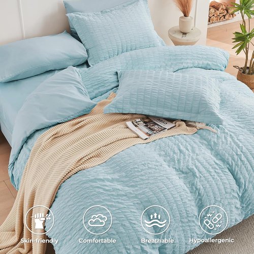HYMOKEGE Twin Comforter Set - Luxury 5-Piece Bedding in Lake Blue | All-Season Seersucker Design