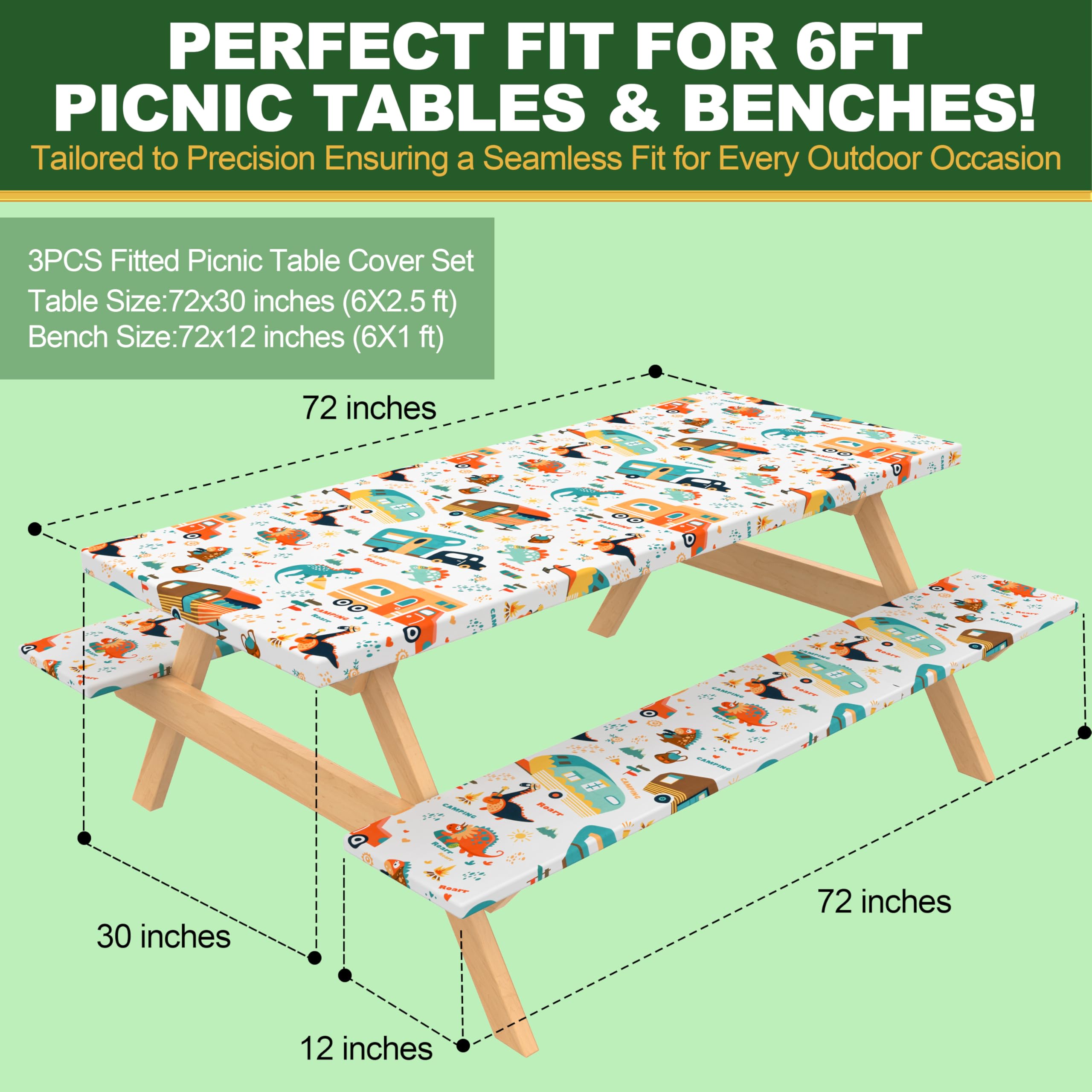 Jolly Camper 72 X 30 Inch Elastic Fitted Camping Table Cover with Bench Covers & Storage Bag, Picnic Tablecloth, Fits 6ft Picnic Tables, Polyester, Washable, Spill Resistant, Waterproof - Dino