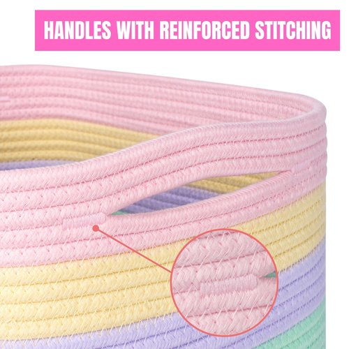 MINTWOOD Design 3-Pack 11x11in Woven Cube Storage Bin and Shelf Baskets, Cute Decorative Square Organizer for Closet, Classroom, Bathroom, Dog and Cat Toys, and Books, Pastel Rainbow