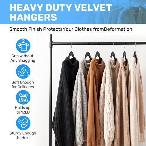 Simple Deluxe Velvet Hangers 50 Pack, Heavy Duty Non-Slip Suit Hangers with Shoulder Notches and 360° Swivel Hooks, Black