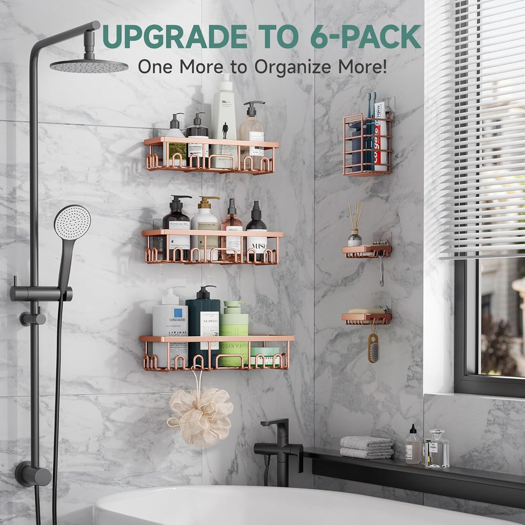 Veken Shower Caddy - Rustproof Waterproof Adhesive Shelves Rack | 6-Pack Large Capacity Rose Gold Bathroom Organizer