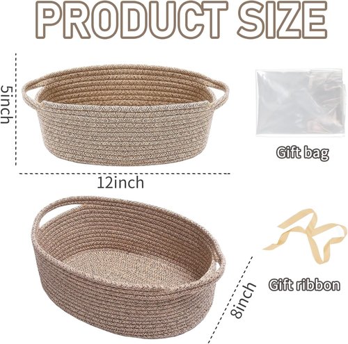 JMvicyroam Woven Storage Baskets - Small Rope Bins with Handles for Organizing Shelves & Closets | 2-Pack