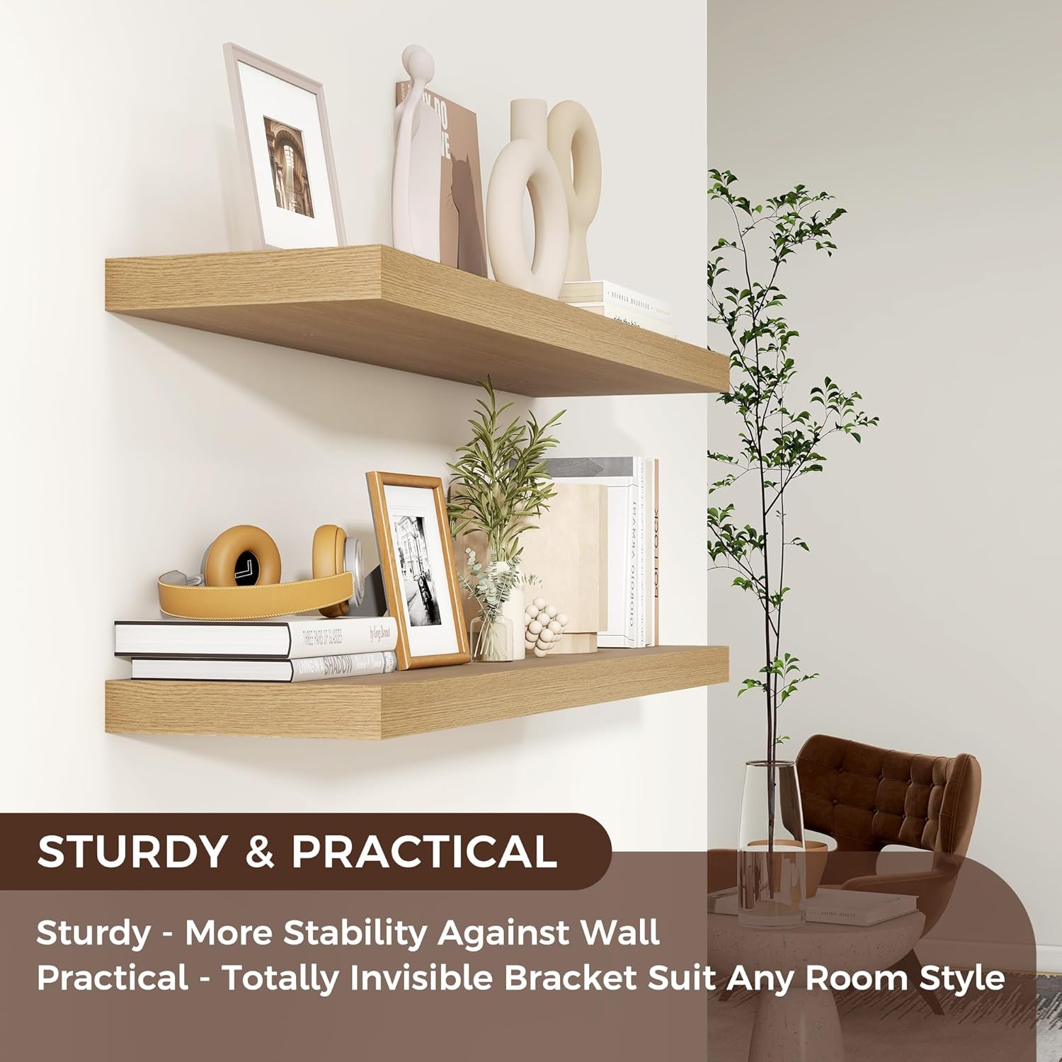 Venusmiles Floating Wall Shelves - 36-Inch Engineered Wood with Invisible Brackets | Oak Finish, Set of 2 for Home Decor