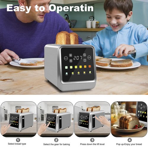 Touch Screen Toaster 2 Slice, Bagel Toasters with LCD Display, Stainless Steel Smart Digital Toasters with Single Slot Toasting,Extra Wide Slots Toaster with Memory/Bagel/Defrost/Reheat Functions