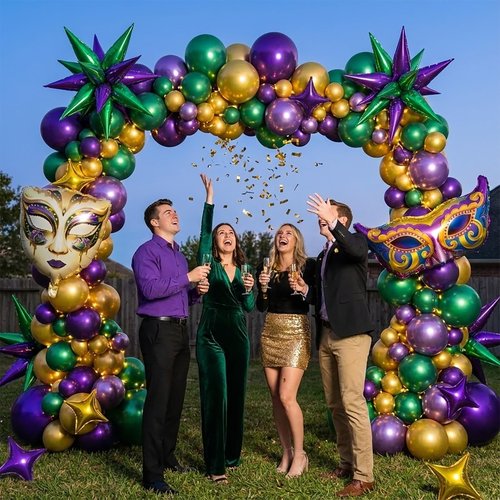 Mardi Gras party Decorations with Purple Green Gold Balloon Garland Arch Kit & large Star Masquerade Mardi Mask Crown foil Balloons for Birthday Masquerade fat Tuesday Theme party Decorations