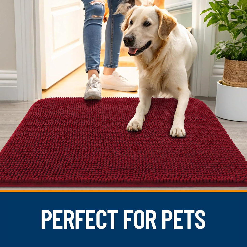 OLANLY Dog Door Mat - Absorbent Non-Slip Washable Chenille Mat for Muddy Paws | 40x24 Inches, Red