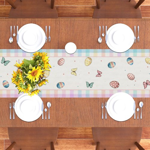 Happy Easter Table Runner Bunny Rabbit Watercolor Easter Eggs Flower Tablecloth Easter Spring Summer Party Decorations and Supplies for Home Kitchen Table-13×72''