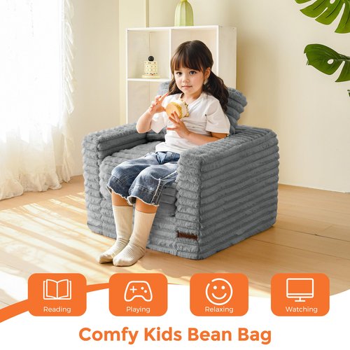 MAXYOYO Kids Bean Bag Chair, Comfy Faux Fur Bean Bag Sofa with Filler, Upholstered Floor Sofa with Pillows and Armrests, Lazy Floor Chair Couch for Boys and Girls, Grey