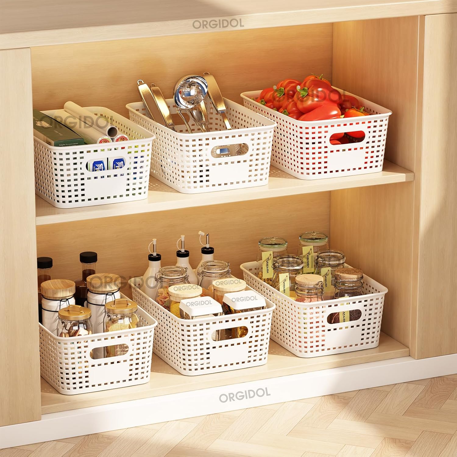 ORGIDOL Stackable Plastic Storage Baskets - 10 Pack with Lids for Organizing Home & Office | White
