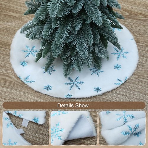 TWSANTAMAS Mini Christmas Tree Skirt 18 Inch, Soft White Plush with Blue Glitter Snowflakes, Festive Xmas Ornament Mat for Indoor Home Decorations