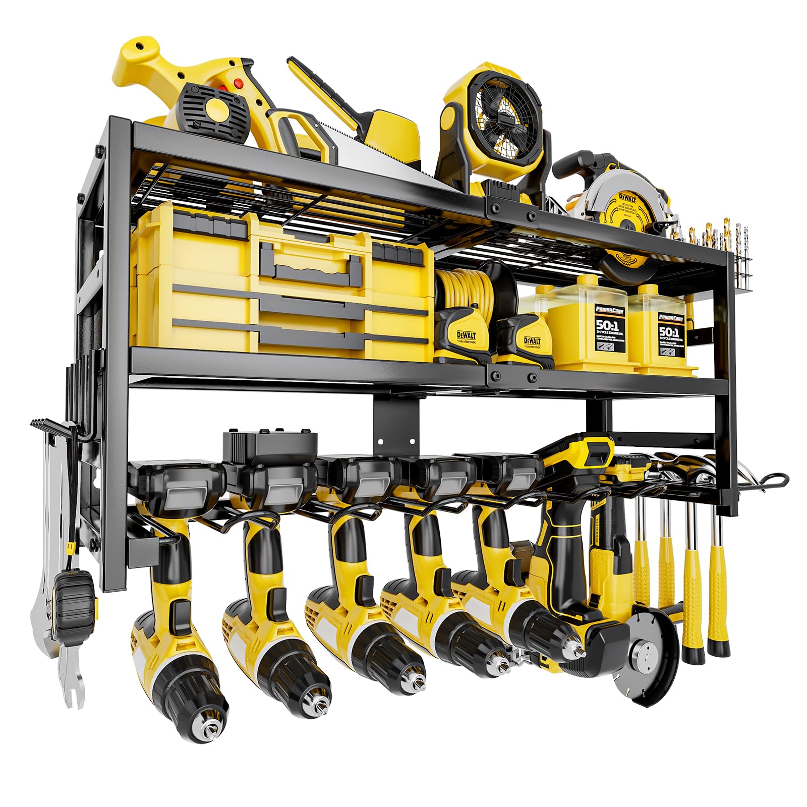 SEENWUUN Power Tool Organizer Wall Mount Heavy Duty 320 lbs, 3 Layers Storage Rack with 9 Drill Holders & Battery Storage, cordless tool organizer for Garage, Workshop & Tool Room