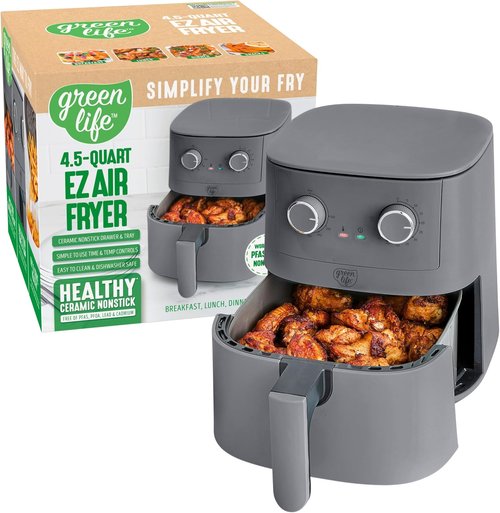 GreenLife 4.5QT Air Fryer - PFAS-Free Ceramic Nonstick, Adjustable Temp & Timer, Compact Graphite