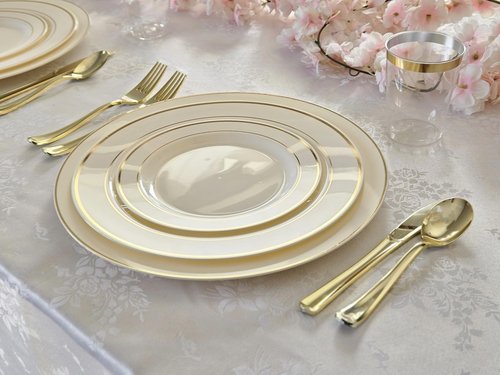 OCCASIONS 120 Piece Heavy Duty Disposable Plastic Plates Set for 60 Guests – 10.5" Dinner & 7.5" Dessert Plates, Premium Party Plates for Wedding, Fancy Events, BPA-Free – Ivory & Gold Rim