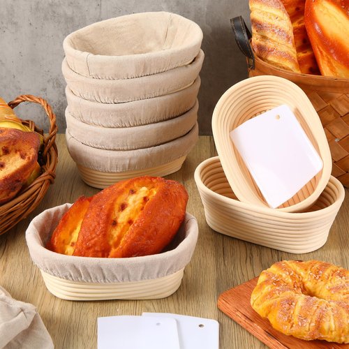 Gejoy Oval Banneton Bread Proofing Basket Set of 8, Sourdough Bread Baking Bowl Kit with Cloth Liners and Dough Scrapers Natural Rattan Banneton Sourdough Bowl Basket for Bakers(8 Inch)