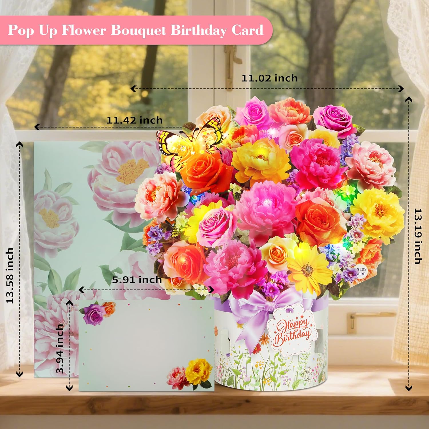 XTF2015 Birthday Cards - Musical & Light-Up Happy Birthday Card | 3D Peony & Butterfly Design
