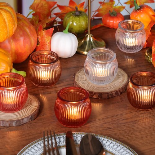 20pcs Pumpkin Votive Candle Holders with 20pcs Tea Light Candles, 5 Colors Tealight Candle Holders for Fall Table Decorations, Glass Candle Holder for Thanksgiving, Home, Party Decoration