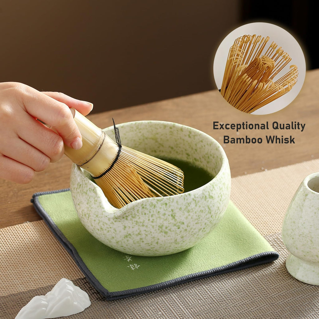 Coolpei Matcha Whisk Set, Ceramic Matcha Bowl with Spout, Bamboo Whisk, Scoop, Holder, Sifter, Tea Towel, 7-Piece Artisan Wave Matcha Kit Set for Making Breakfast/Latte, Round Green, Large