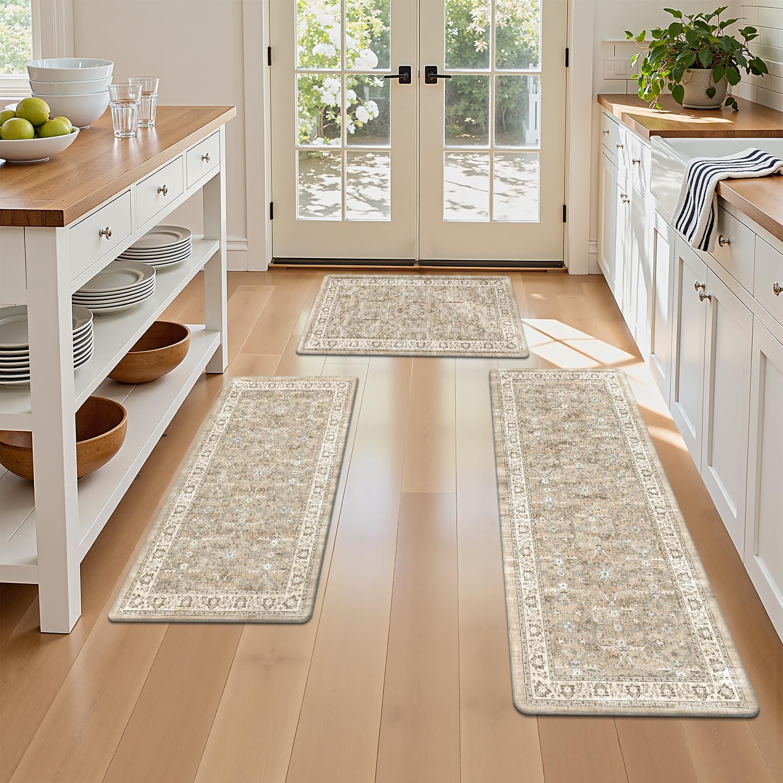 Pauwer Anti Fatigue Kitchen Floor Mats Set of 3, PVC Foam Padded Kitchen Rugs, Non Slip Cushioned Comfort Standing Mat, Waterproof Sink Rug for Small Kitchen Area, Laundry Room, Light Brown