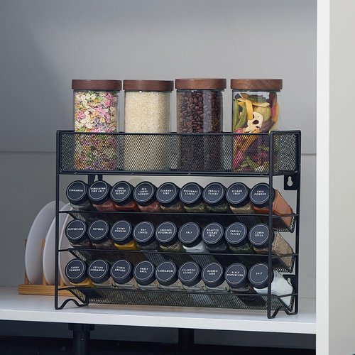 Fiwence Spice Rack Organizer with 27 Spice Jars with Black Lids, Funnel, Spice Labels, Pen, Seasoning Organizer for Cabinet, Countertop, Pantry, Kitchen,Cupboard or Door & Wall Mount