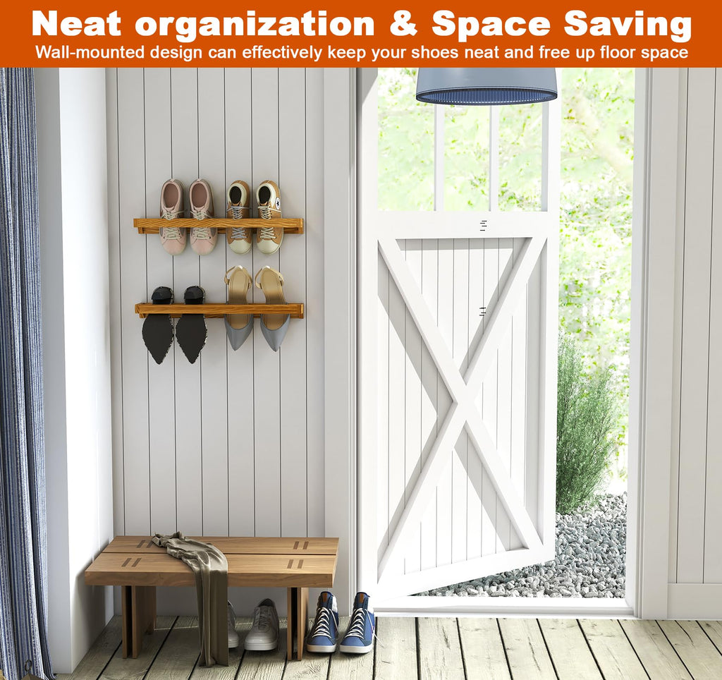 lesolar Wall Mounted Shoe Rack 20 Inch, 4 Pcs Rustic Wood Wall Hanging Shoe Rack, Burnt Wood Shoe Storage Organizer for Entryway Mudroom Closet, Space Saving