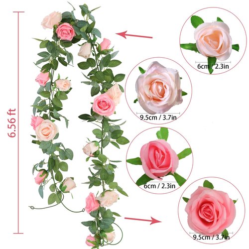 GREENTIME 2Pack Artificial Rose Flower Garland 6.5 FT Fake Rose Vine for Wedding Arch Table Centerpiece Arrangement Wall Party Decoration Stairs Fireplace Decor Mirror Decor