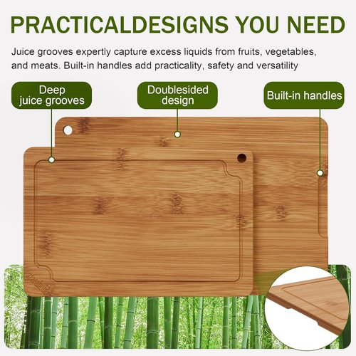 Bamboo Cutting Boards - Set of 3 with Juice Grooves & Built-in Handles | Ideal for Meat, Vegetables, Fruits