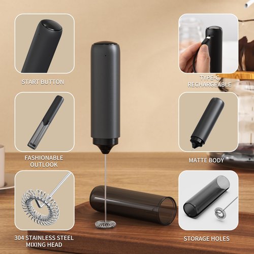 BONACHEF Rechargeable Milk Frother Handheld with Cover Electric Handheld Foam Maker Portable Drink Mixers for Matcha,Lattes and Cappuccino, Black