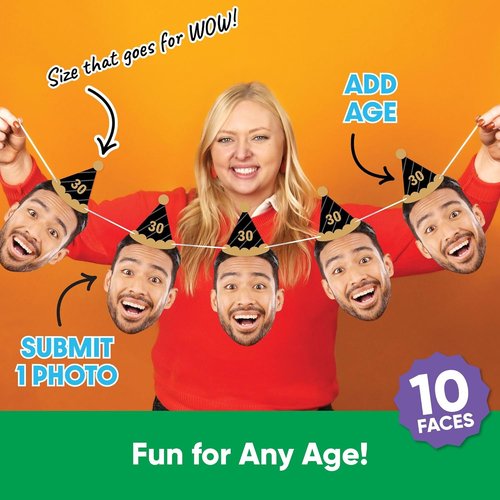 Big Dot of Happiness Black & Gold Birthday Garland Banner - Personalized Face Cut Outs, 30 Feet Long