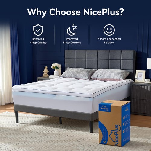 NicePlus Queen Size Dual Layer 4 Inch Memory Foam Mattress Topper, 2 Inch Fluffy Soft Pillow Top Mattress Pad Cover and 2 Inch Gel Memory Foam for Back Pain Relief, Breathable, Cooling