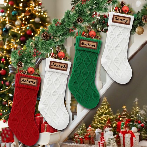 Personalized Christmas Stockings Knitted 4 Pack: Large Knit Christmas Stockings Set of 4, Custom Name with Leather Patches White Red Green Bulk Family Xmas Stocking Hanging Decorations for Home, 18''