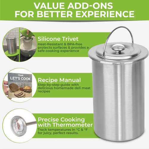 Vicook Deli Meat Press Kit - Stainless Steel Lunch Meat Press Mold for Deli Meats, with Thermometer Manual & Recipes All in one Box, Meat Press for Cooking Healthy Choices Ham Press Maker Meat Presser