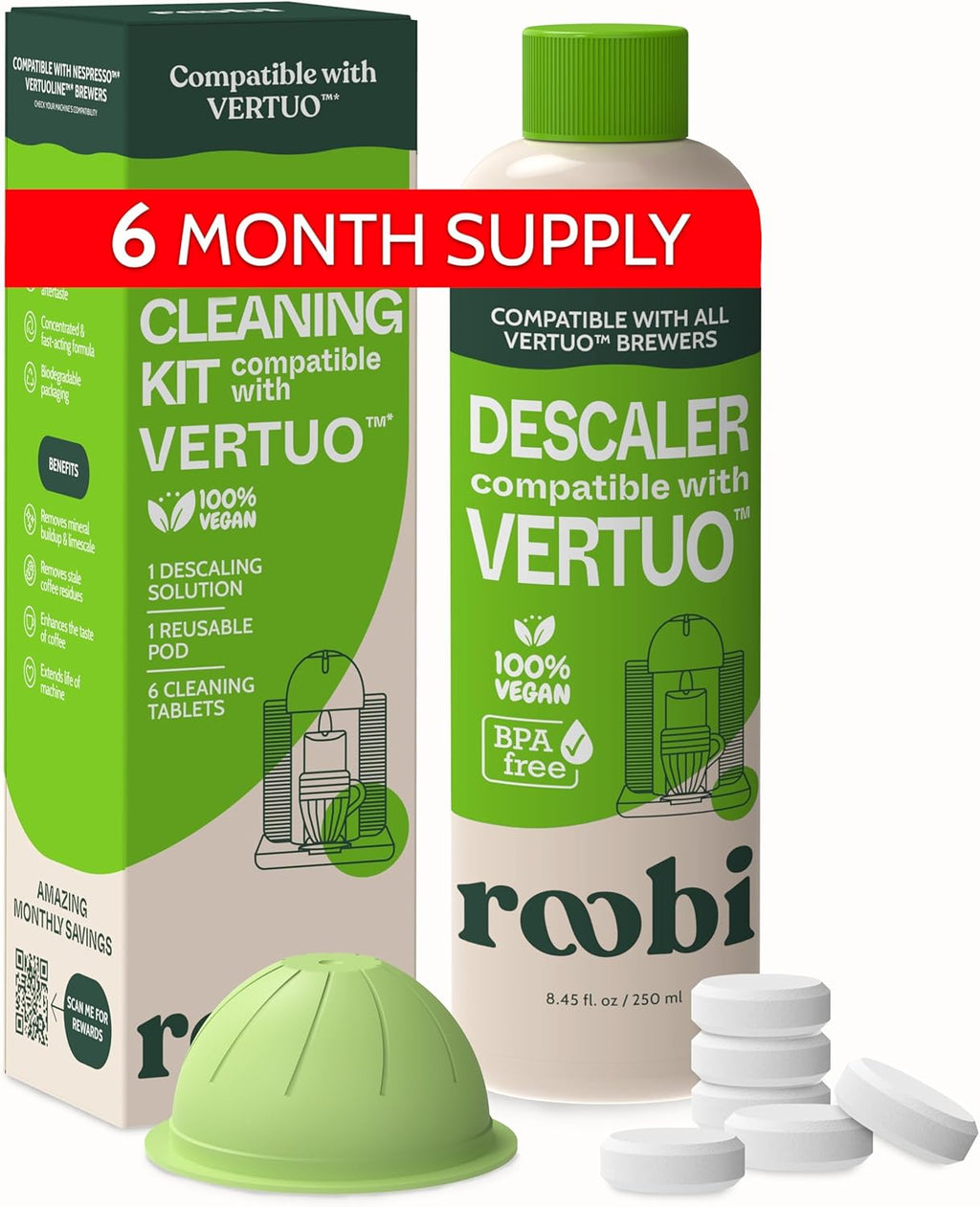 Roobi Nespresso Compatible Vertuo Cleaning & Descaling Kit - 6 Month Supply | Eco-Friendly Maintenance Essentials