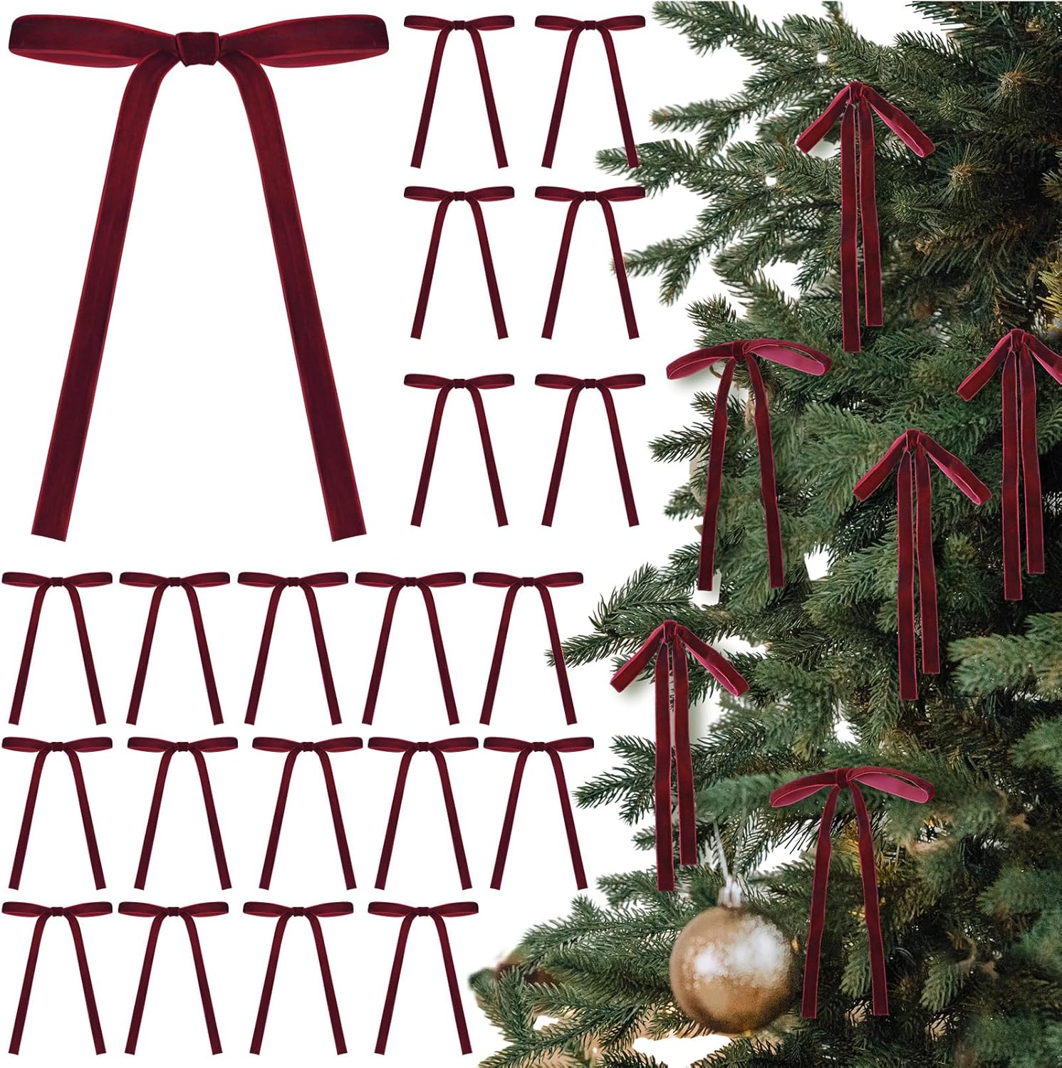Skiennix Velvet Bows - Vintage Ribbon Decorations for Christmas Trees & Crafts | 24 Pcs, Burgundy (5 x 7 Inch)