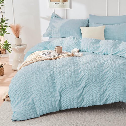 HYMOKEGE Twin Comforter Set - Luxury 5-Piece Bedding in Lake Blue | All-Season Seersucker Design