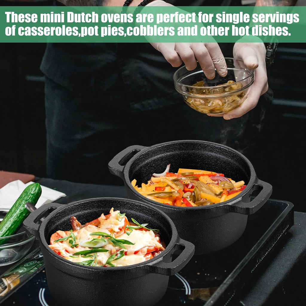Skiennix 20 oz Dutch Oven Pot Set - Pre-Seasoned Cast Iron Casserole with Lid & Wooden Base | Heavy-Duty Black Cocotte