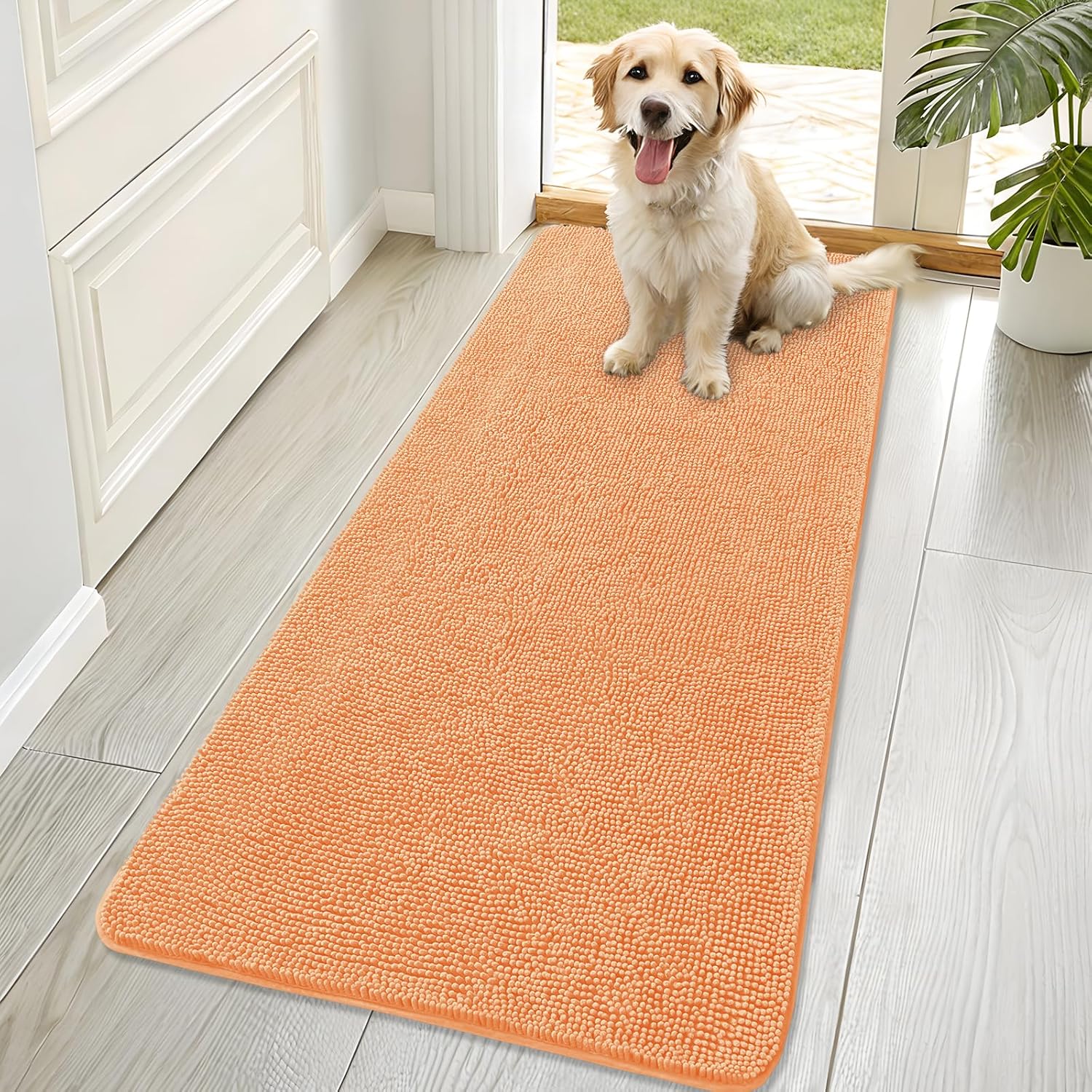 OLANLY Dog Door Mat - Absorbent Non-Slip Mud Mat for Indoor Use | Quick Dry Chenille, 70x32, Orange