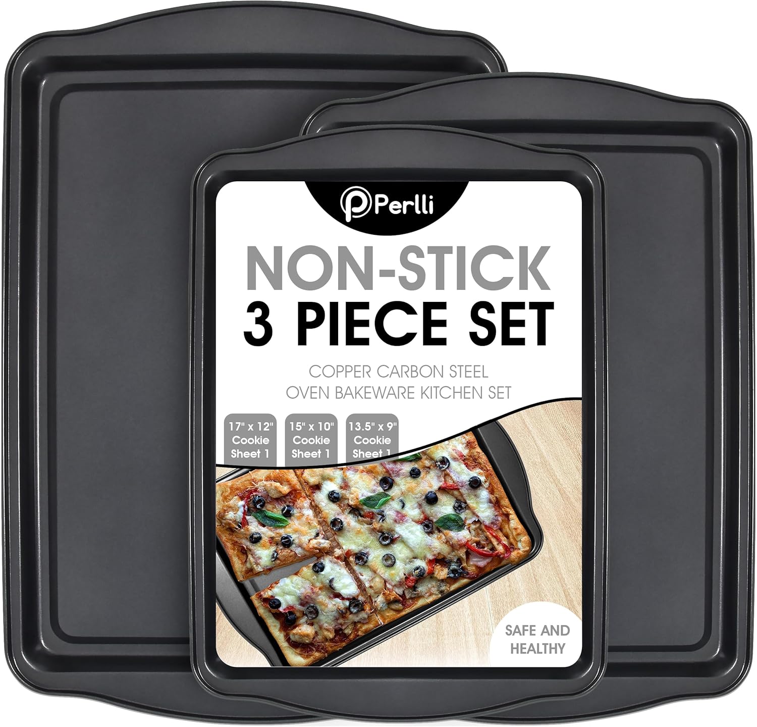 Perlli Non-Stick Baking Sheets - 3-Piece Carbon Steel Oven Tray Set (Small, Medium & Large)