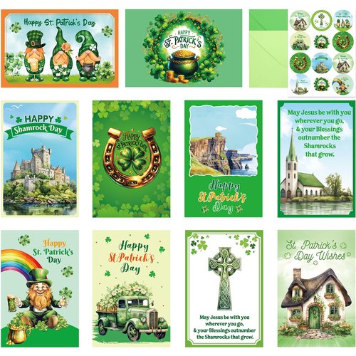 ceiba tree Happy St. Patrick's Day Cards with Envelopes & Stickers 20 Pcs for Kids and Adults Irish 4x6 inch Blessings Message inside 10 Designs Shamrock Lucky Day Religious Saint Patricks Day Cards